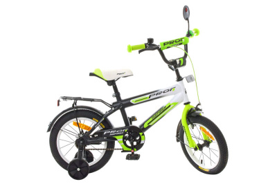 Велосипед дитячий PROF1 14д. SY1454 Inspirer,чорно-біл-салат(мат) дзвінок, дзеркало, дод. колеса\