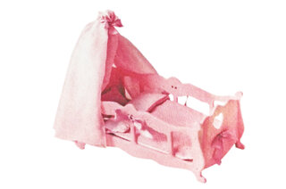 Ліжечко (колиска) для ляльки дерев'яне з постільною білизною та балдахіном 71519 р. 37,5*51*18,7см