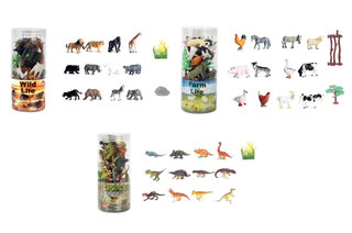 Набір пластикових тварин D-60/61/62 дикі, домашні, динозаври,12 шт у наборі,3 види мікс, в колбі 18*8см