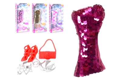 Одяг для ляльок DEFA 8432 плаття (паєтки), сумочка, взуття, 4 види, коробка 11,5-23-3 см